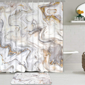 2 Piece Marble Texture Shower Curtain Sets with Non-Slip Bathroom Mats