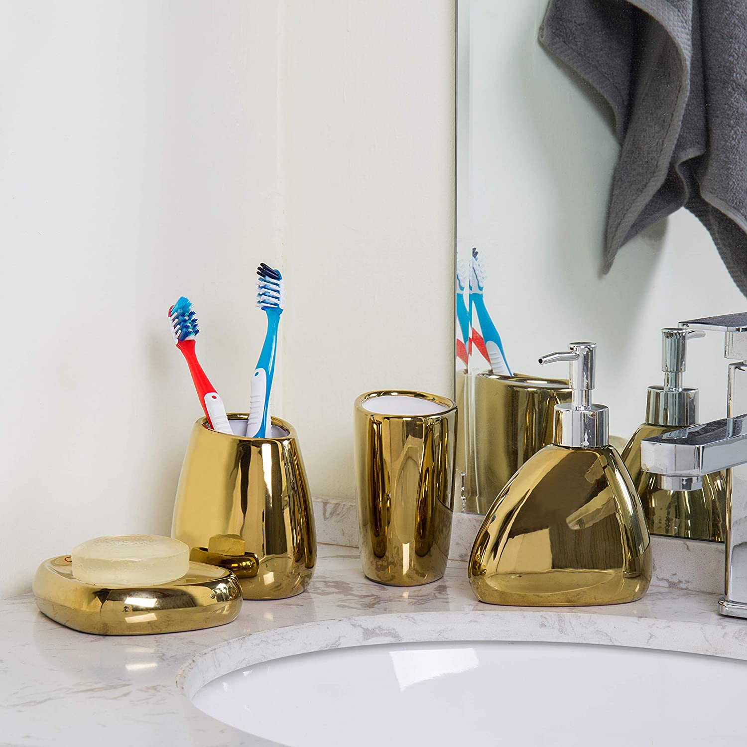 4 Piece Modern Gold Ceramic Bathroom Accessory Set