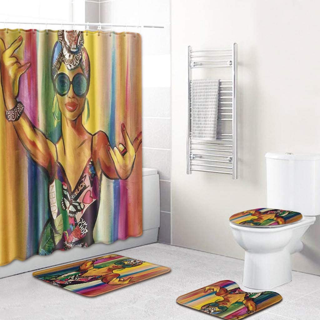 Afro-Centric Set of 4 Shower Curtain and Bath Mat Set,