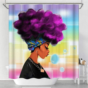 Afro Lady with Purple Hair Black 72x72 Inches Waterproof shower curtain with Hooks for Bathroom Decor