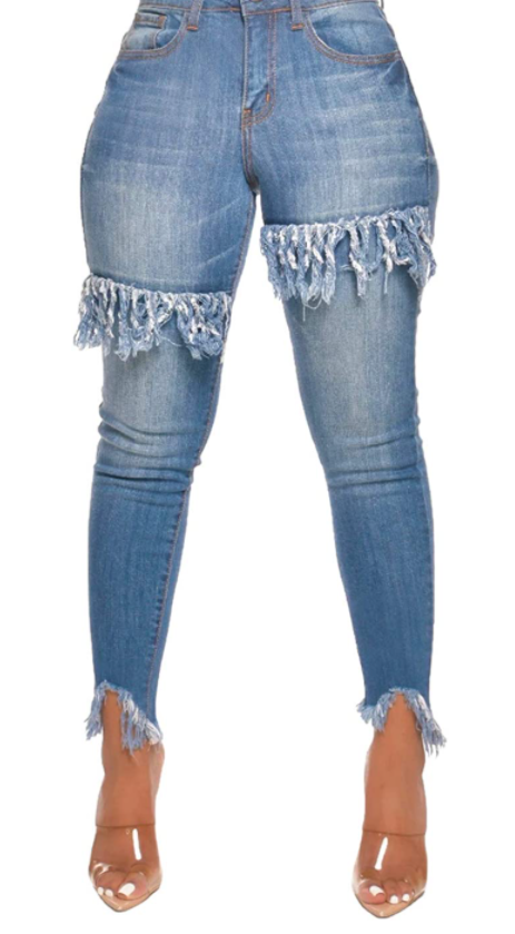 Fringe light blue distressed jeans