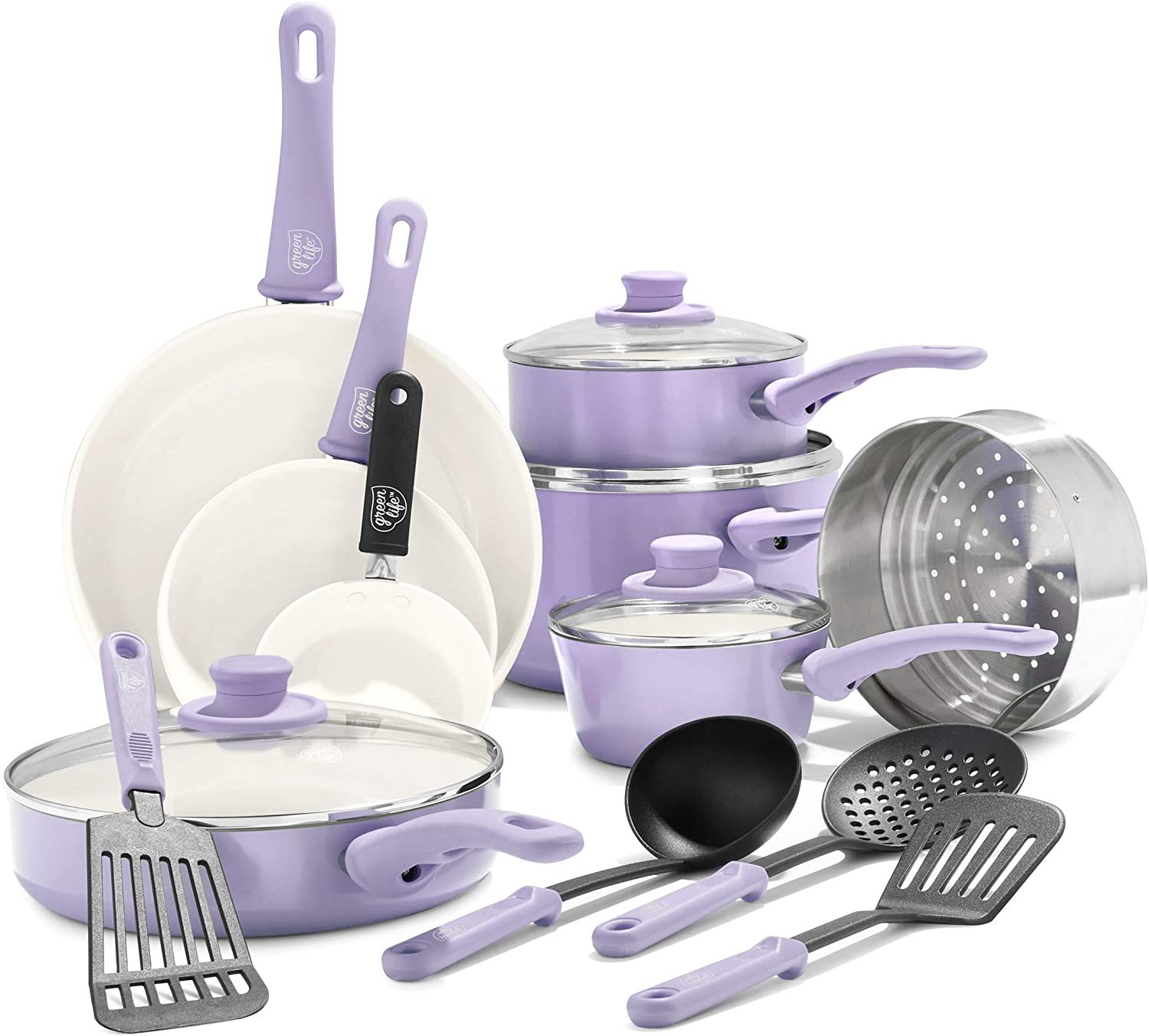 GreenLife Soft Grip Healthy Ceramic Nonstick, Cookware Pots and Pans Set, 16 Piece, Lavender