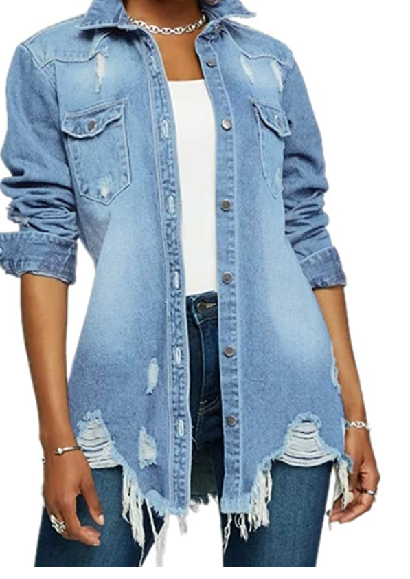 Womens Jean Jacket Long Sleeve Classic Distressed