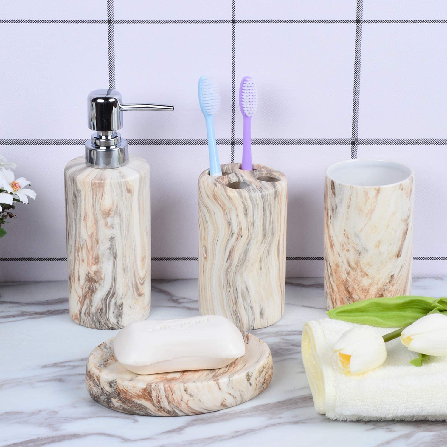 Ceramic Fimary Marble Bathroom Accessories Set (4Pcs)