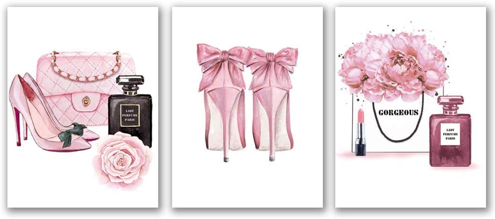 Print Pink High Heels Flowers Painting Set (3 pcs) (11.8x15.6inch) Canvas