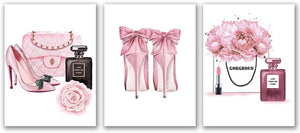 Print Pink High Heels Flowers Painting Set (3 pcs) (11.8x15.6inch) Canvas