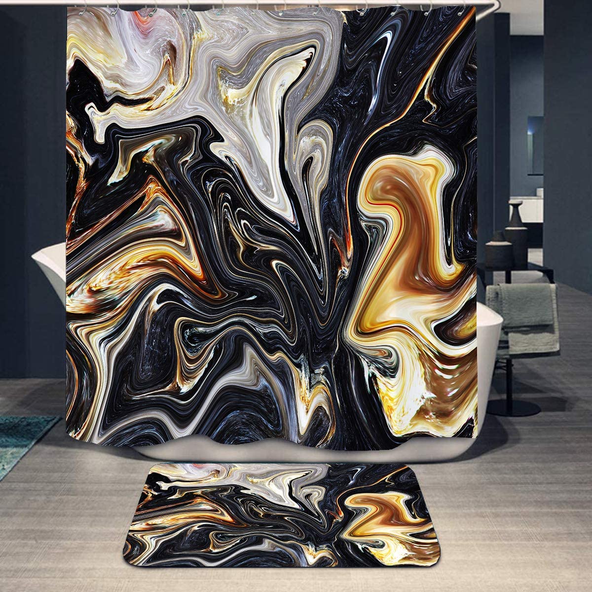 Black and Gold Marble Ink Texture Shower Curtain and Bath Rug Set (Hooks Included)