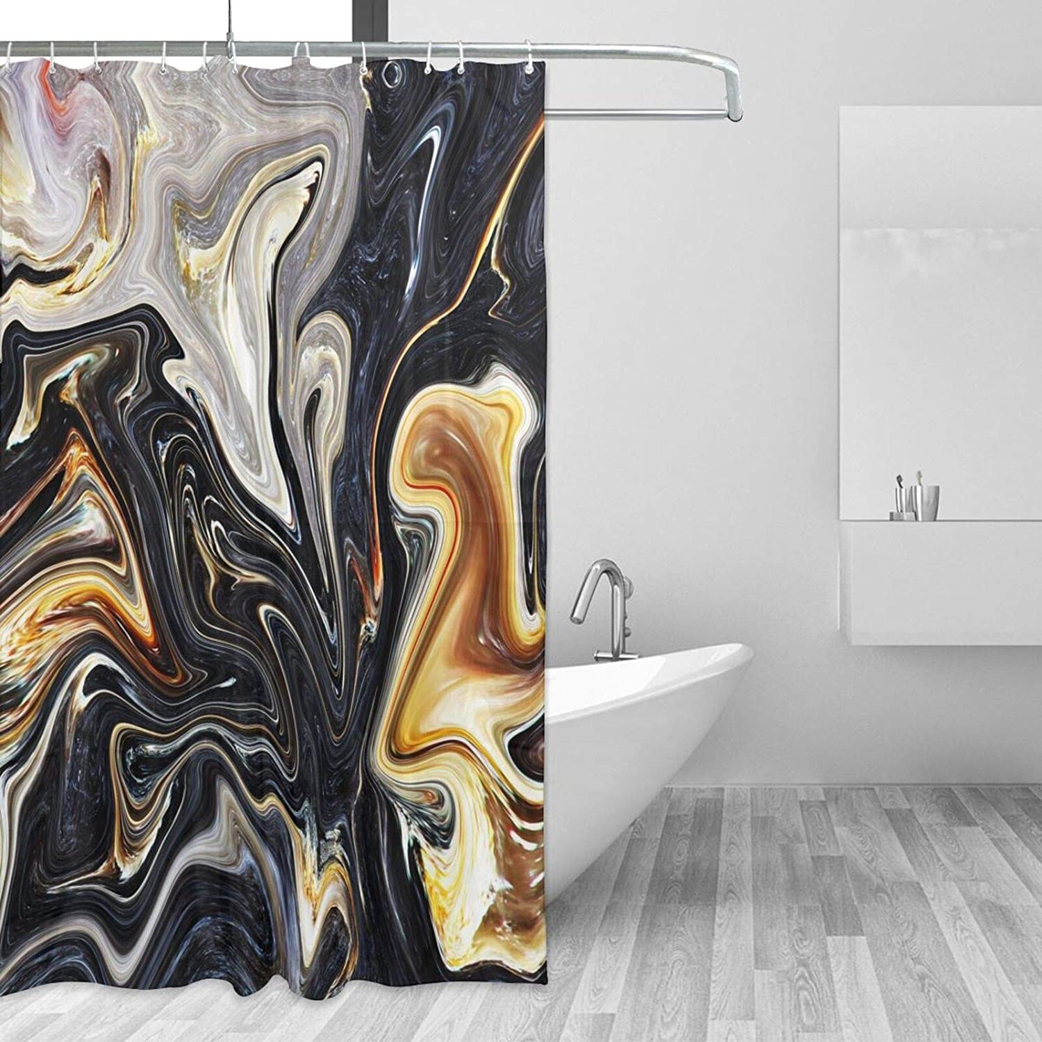 Black and Gold Marble Ink Texture Shower Curtain and Bath Rug Set (Hooks Included)