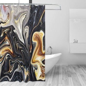 Black and Gold Marble Ink Texture Shower Curtain and Bath Rug Set (Hooks Included)