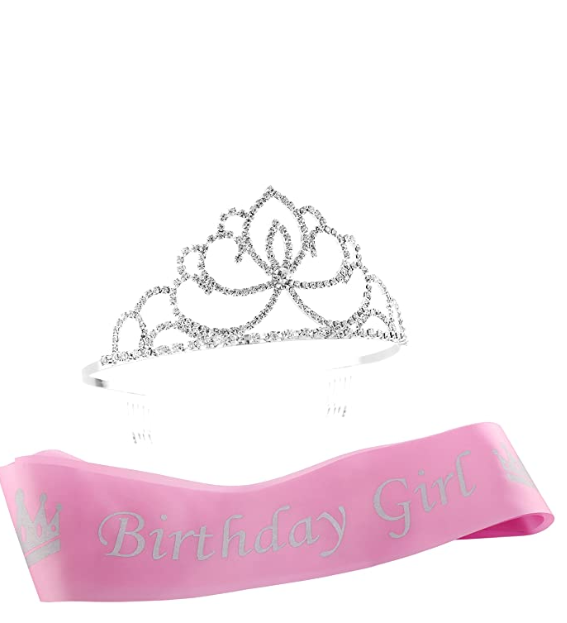 Pink Birthday Girl Sash & Glitter Tiara 2-Piece Set; Silver Princess Crown & Satin Sash Combo