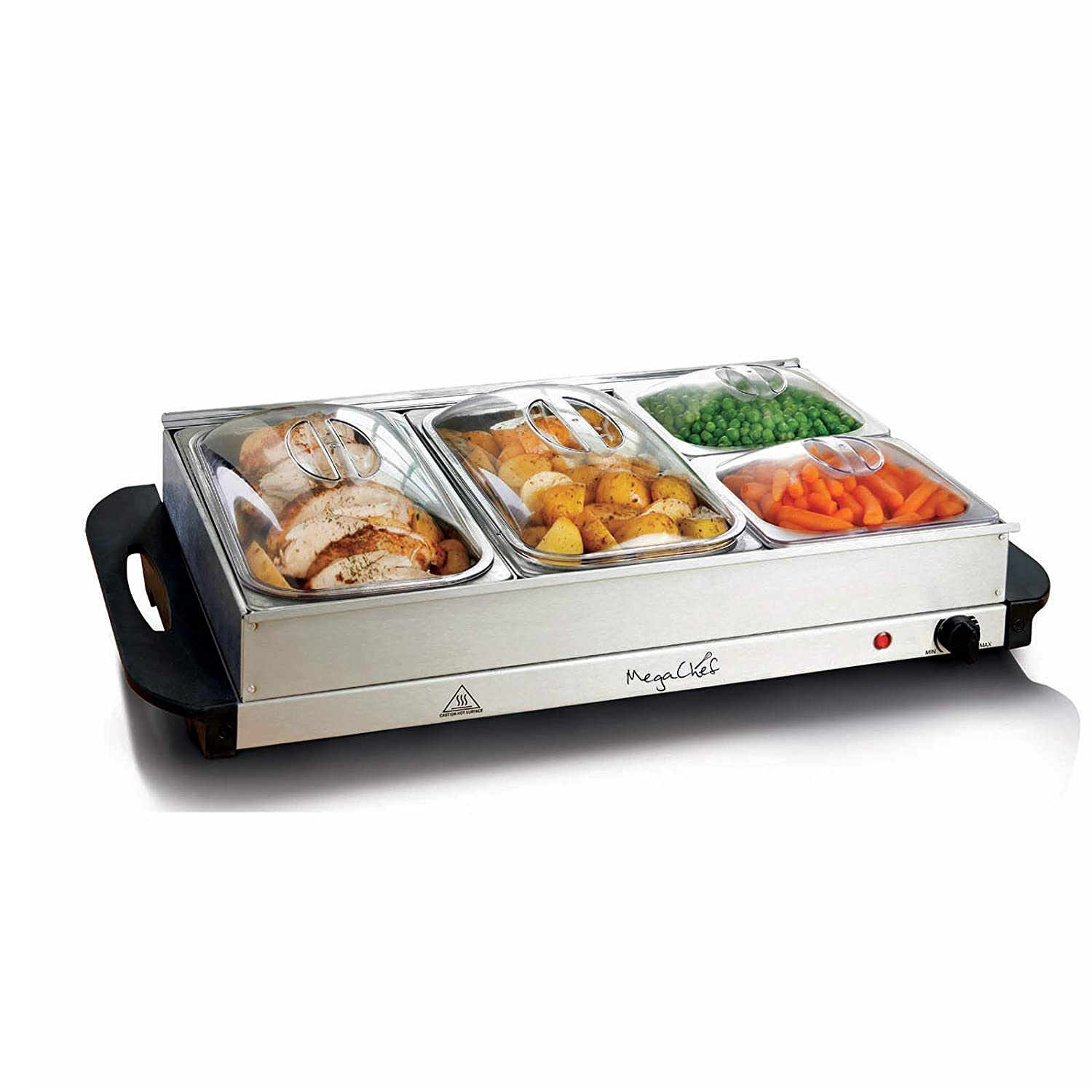 Megachef Buffet Server-Professional Hot Plate Food Warmer Station, Easy Clean Stainless Steel, 4 Section