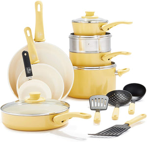 GreenLife Soft Grip Healthy Ceramic Nonstick Yellow Cookware Pots and Pans Set, 16-Piece