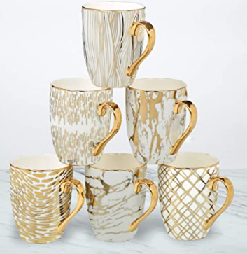 Gold Plated Mugs, Set of 6, 5" x 3.25" x 4.5", Multicolored