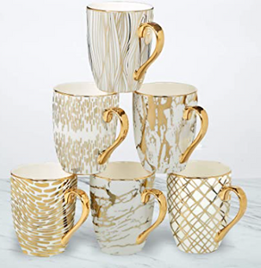 Gold Plated Mugs, Set of 6, 5" x 3.25" x 4.5", Multicolored