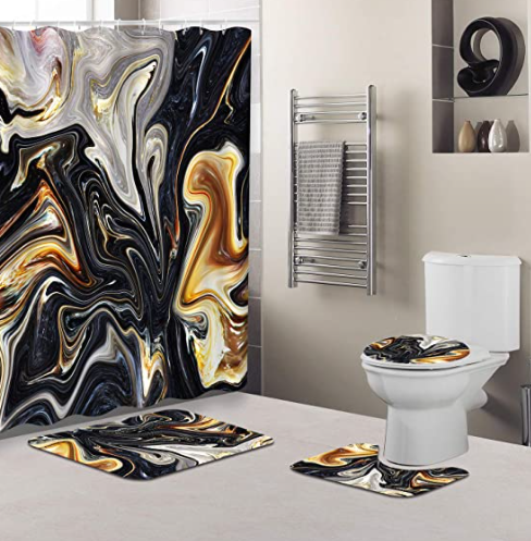 Marble Ink Texture Shower Curtain Sets with Non-Slip Rugs, Toilet Lid Cover and Bath Mat, Waterproof