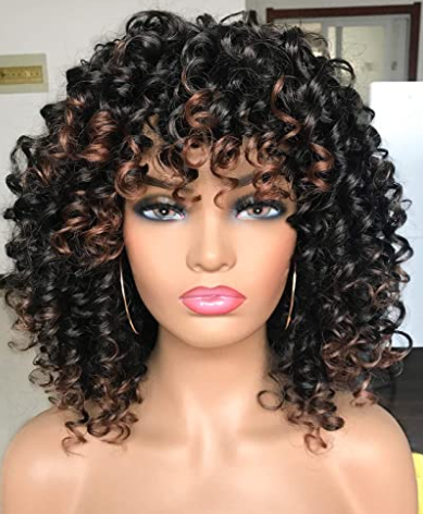 Afro curly Wigs Black with Warm Brown Highlights Wig with Bangs for Black Women Natural Looking for Daily Wear (Color: T1B/30)
