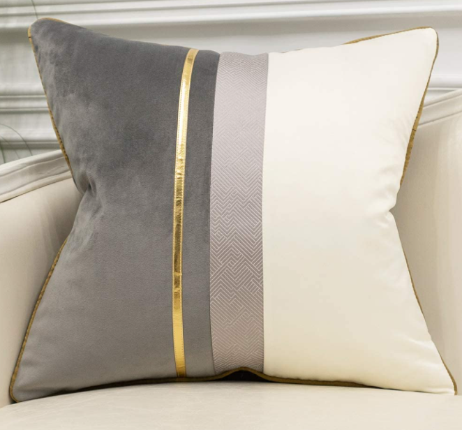 20 x 20 Inches Gray White Gold Leather Striped Patchwork Velvet Cushion Case Luxury Modern Throw Pillow Cover Decorative Pillow for Couch