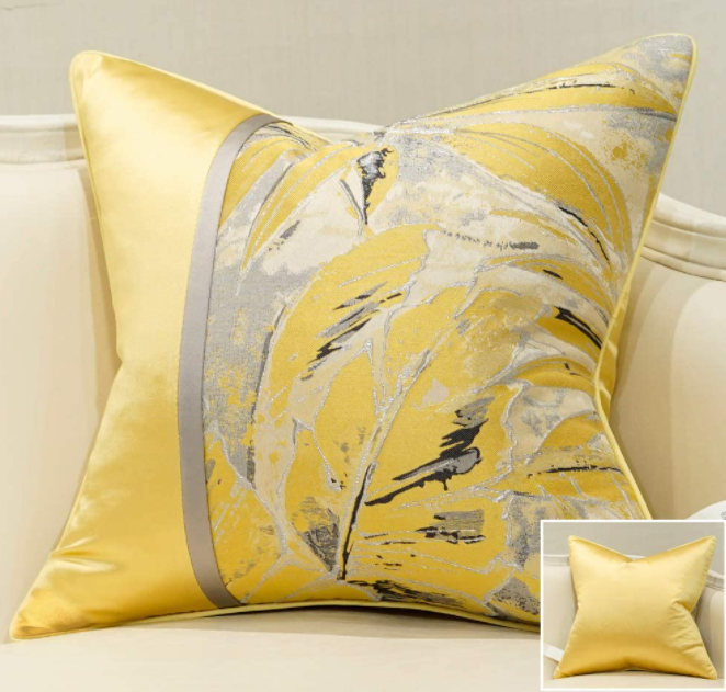 Square Cushion Covers High Precision Jacquard Modern Yellow Feathers Patchwork Throw Pillow Case Shell for Couch Sofa