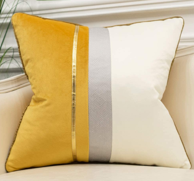 20 x 20 Inches Yellow White Gold Leather Striped Patchwork Velvet Cushion Case Luxury Modern Throw Pillow Cover Decorative Pillow for Couch