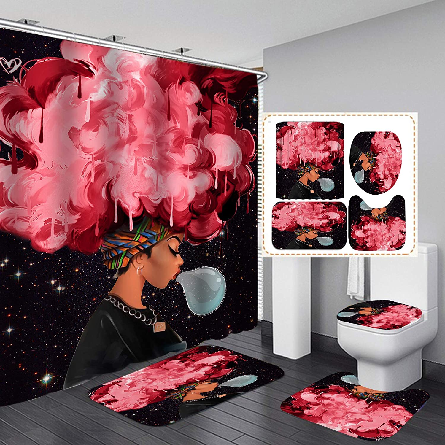 Fashion&Man 4PCS/Set Cool Girl Shower Curtain Waterproof Polyester Shower Curtain Afro African American Woman Lady Blowing Bubble Chewing Gum Bathroom Rugs Toilet Lid Cover +12 Hooks, 72"x72", Pink