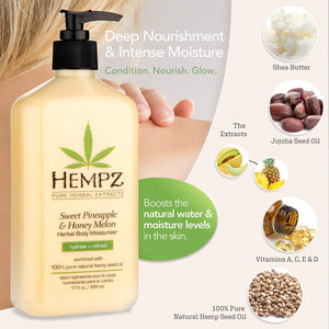 Hempz Sweet Pineapple & Honey Melon Moisturizing Skin Lotion, Natural Hemp Seed Herbal Body Moisturizer with Jojoba, Natural Extracts, Vitamin A and E, 17 oz