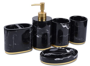 5-Piece Bathroom Counter Top Accessory Set Including Dispenser for Liquid Soap or Lotion, Soap Dish, Toothbrush Holder and 2 Tumblers, Gold Base