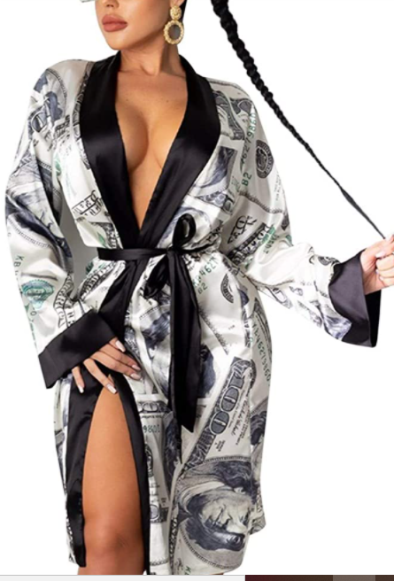 Women Sexy Satin Robe Bridal Dressing Gown Wedding Bride Bridesmaid Kimono Sleepwear Dollar Print