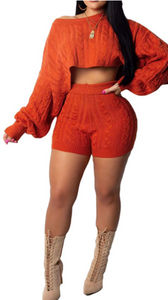 Women's Casual 2 Pieces Outfit Solid Long Sleeve Knitted Sweater Crop Top Bodycon Shorts Tracksuits Set