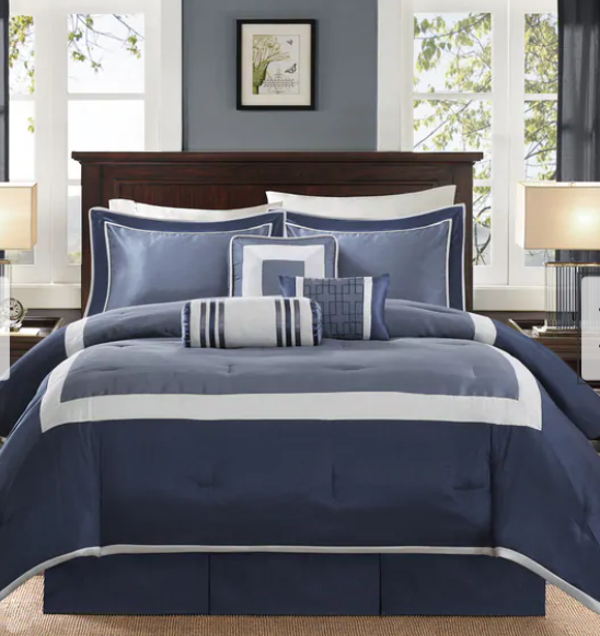 Navy Solid Pieced 7 Piece Comforter Set - Queen