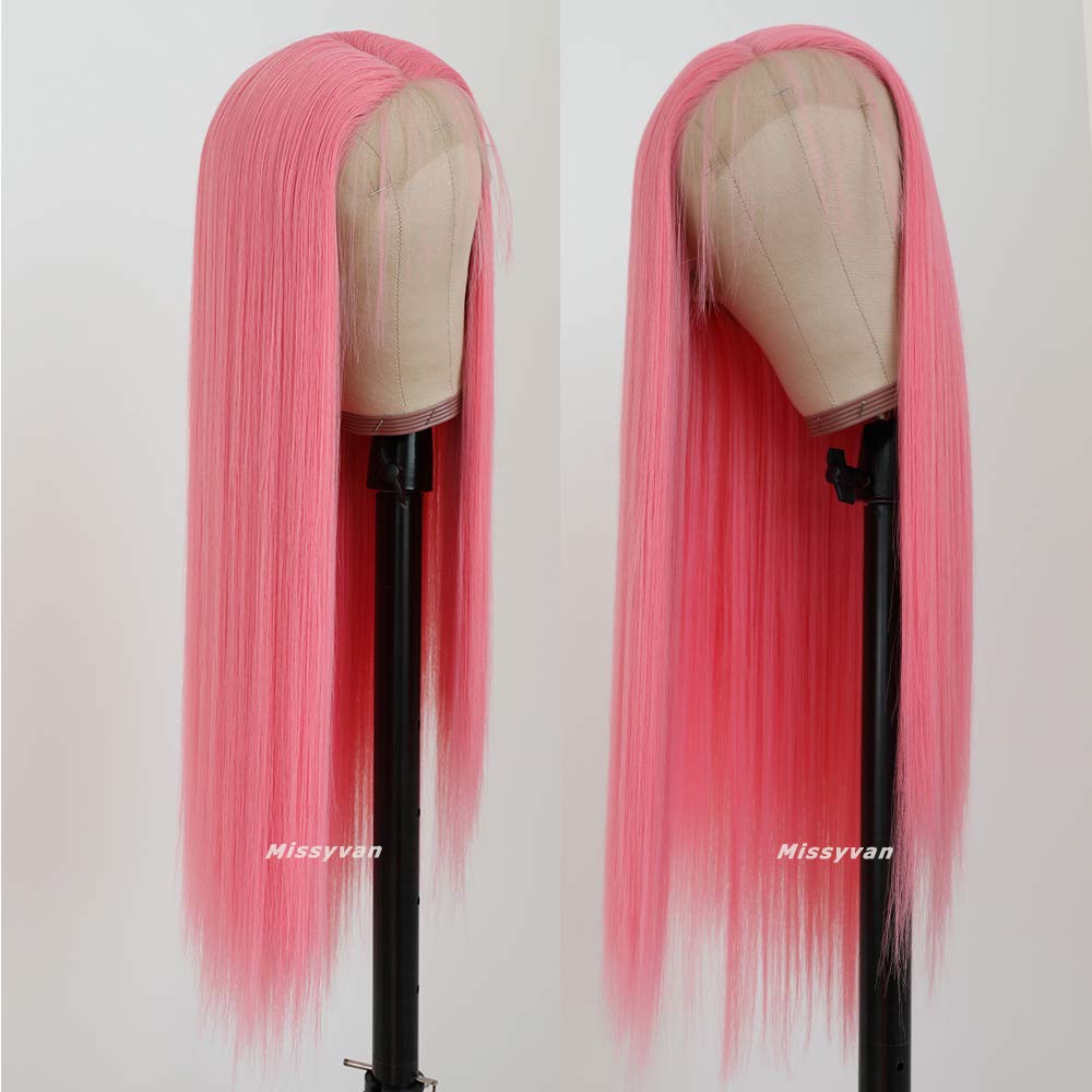 Long Straight Hair Light Pink Color Lace Wigs Glueless Heat Resistant Fiber Hair Synthetic Lace Front Wig