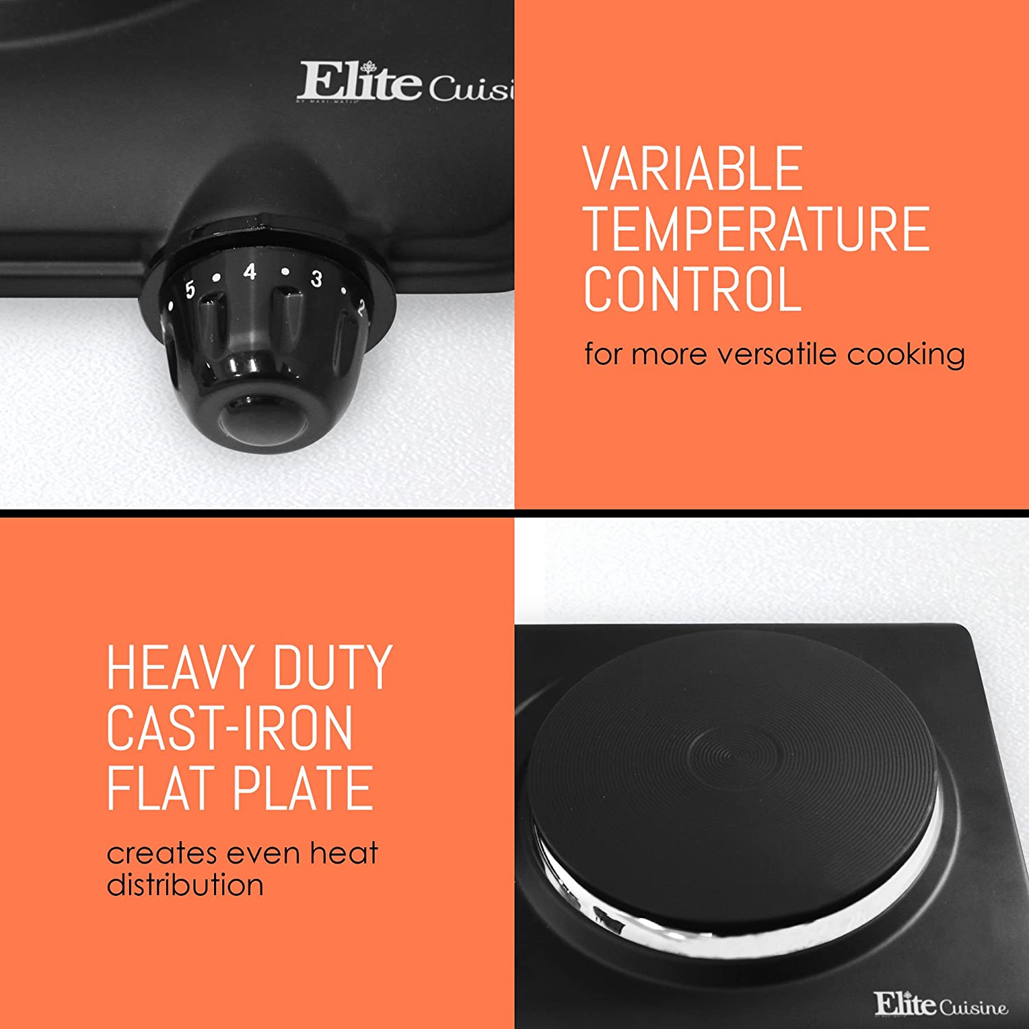 Elite Gourmet Single Electric Flat Cast Iron Heating Plate Burner Power Indicator Light, Non-Skid Feet, Easy To Clean, Black Visit the Elite Gourmet Store