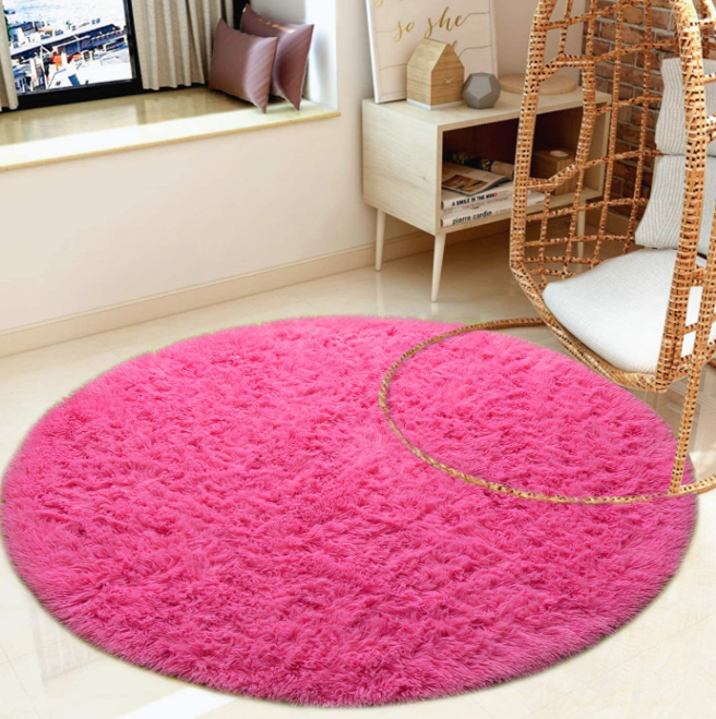 Round Fluffy Soft Area Rugs for Kids Girls Room Princess Castle Plush Shaggy Carpet Cute Circle Nursery Rug for Kids Girls Bedroom Living Room Home Decor Small Circular Carpet, 4ft Hot-Pink Brand: junovo