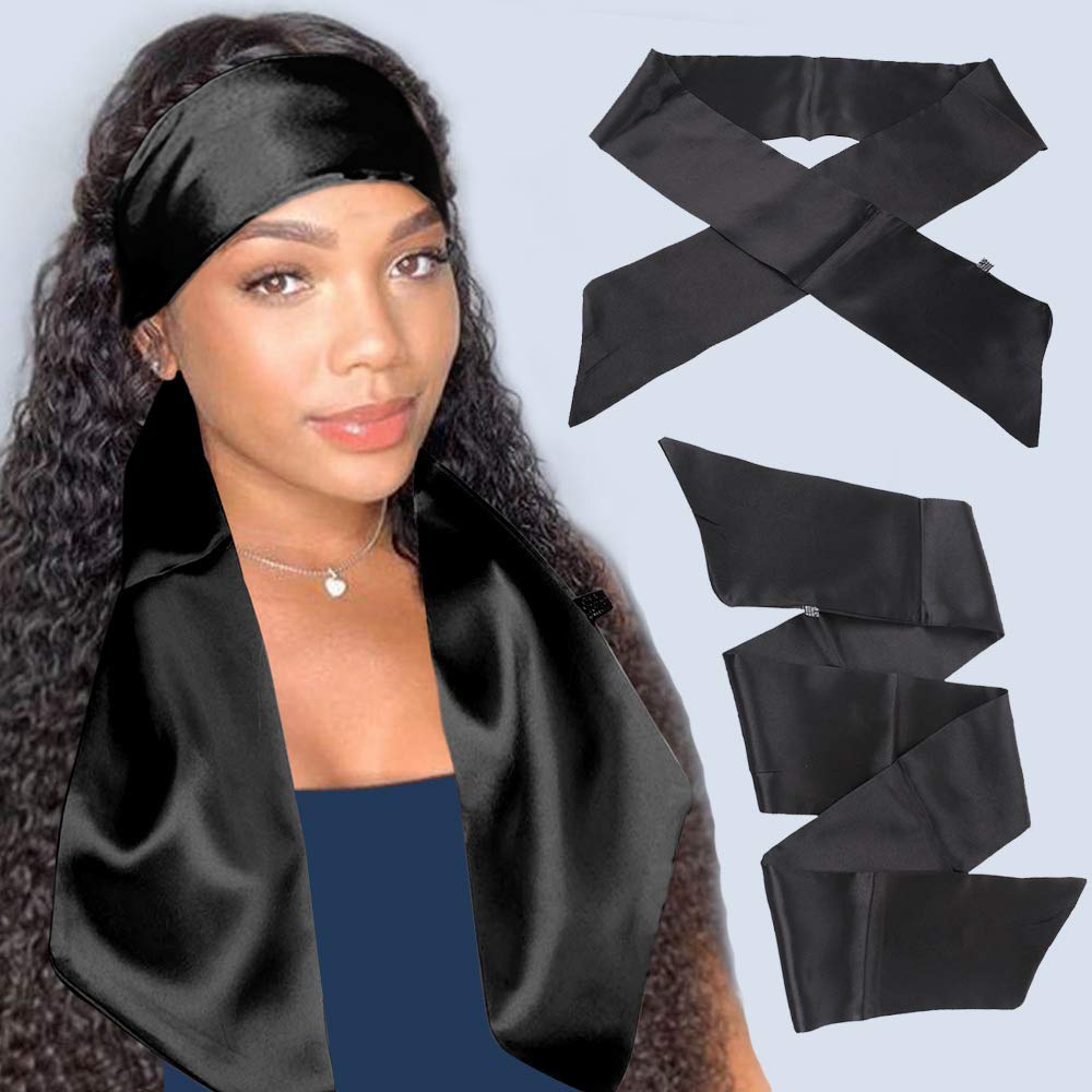 Xtrend 2Pcs Women's Satin Edge Scarves for Hair Laying Scarf for Lace Front Wig Non Slip Hair Wrap Wigs Grip Band for Yoga, Makeup, Facial, Sport (2 pcs, Black#)