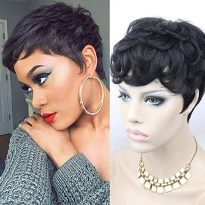 Short Wavy Human Hair Wigs with Bangs Pixie Cut