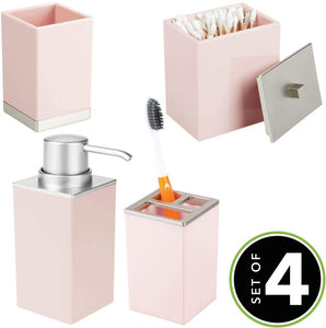 Includes Soap Dispenser Pump, Divided Toothbrush Holder, Tumbler Rinsing Cup, Storage Canister - 4 Pieces - Clear/Rose Gold